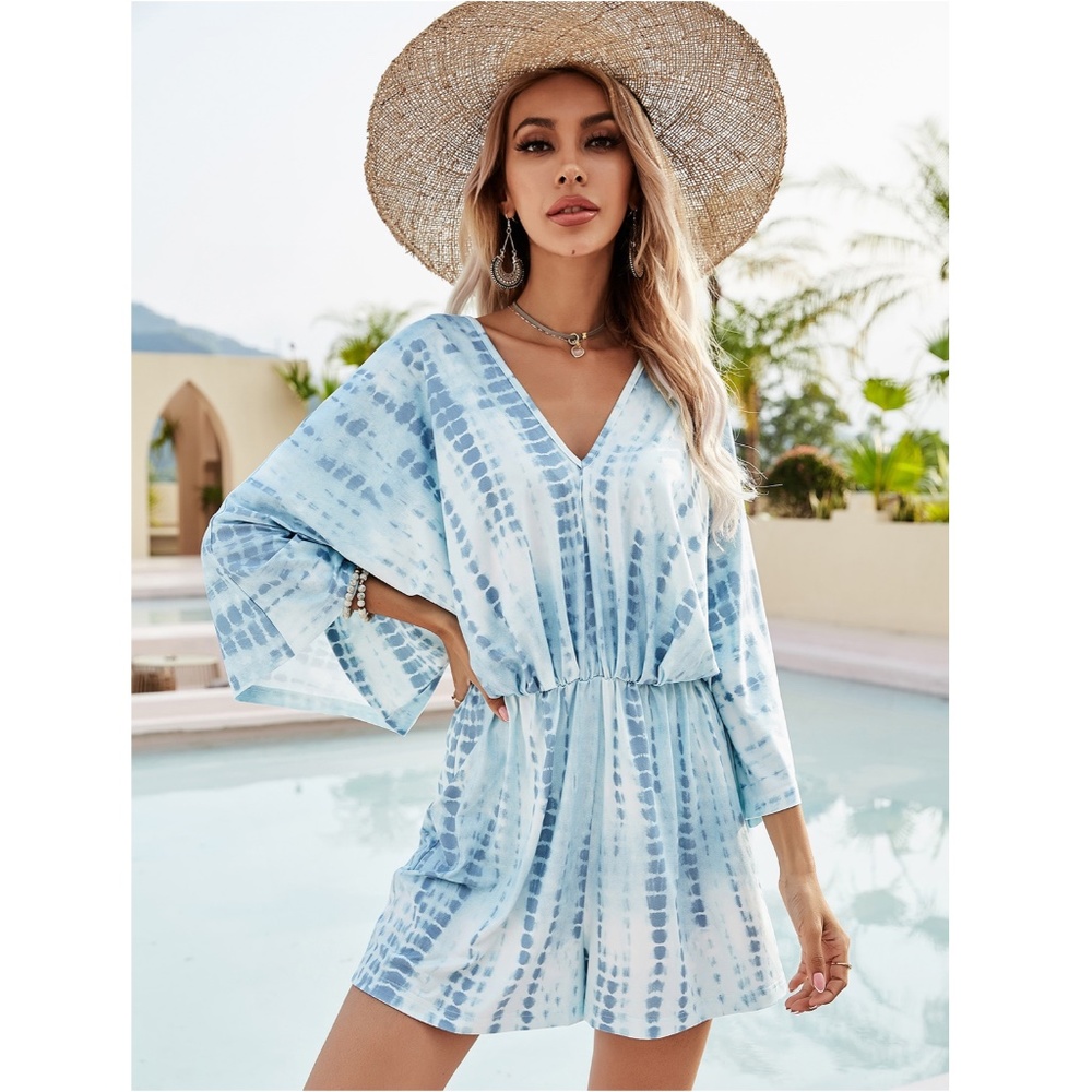 Tie Dye Blue White Loose Short Romper - Picture 4 of 6